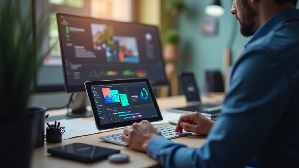 Workspace di designer con tavolo, computer, e materiali di design