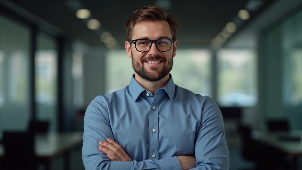 Ritratto di trainer di rendering, uomo con occhiali in ambiente professionale