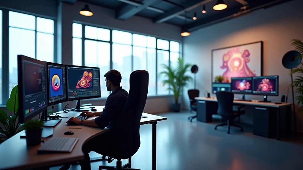 Studio di motion graphics con monitor e software Cinema 4D aperto
